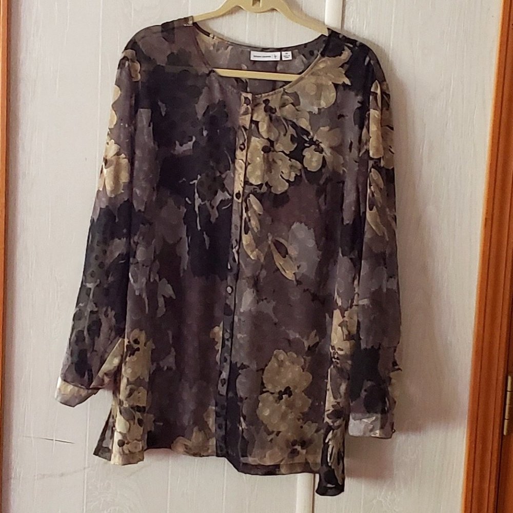 Susan Graver 3x button down Sheer Chiffon Blouse in Grey, Black, Cream and Brown